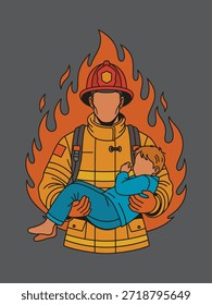 A powerful heroic illustration of a firefighter in protective gear rescuing a child from flames, symbolizing bravery, safety, courage, and emergency response.