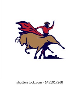 A powerful and heroic vector illustration featuring a traditional Spanish matador gracefully dodging a charging bull. The design uses a bold color palette of red, tan, and navy blue, capturing the intensity, bravery, and artistic movement of a classic bullfight. This dynamic emblem is ideal for sports teams, restaurant branding, cultural event posters, travel agencies focused on Spain, and lifestyle brands seeking a symbol of courage and tradition.