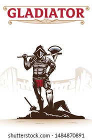 A powerful and heroic vector mascot of an ancient Roman Gladiator. The design features a muscular warrior in full armor holding a massive battle axe, standing triumphantly over a defeated opponent with a Colosseum background. This epic emblem is perfect for sports teams, fitness gyms, esports clans, security firms, and brands representing strength, honor, and victory.