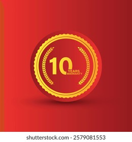 Powerful, high quality, reliable 10 year warranty golden badge, sign, illustration, label, seal with red ribbon, on red background.