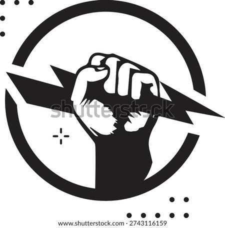 A powerful, high-contrast graphic symbol representing strength, energy, and authority. This dynamic illustration of a hand gripping a lightning strike is perfect for sports branding, motivational content, clean energy initiatives, or gaming logos.