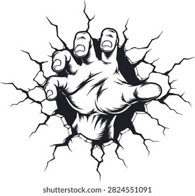 Powerful human hand reaching through broken wall illustration vector graphic. Gritty black and white art style. Concept of breaking barriers and power.