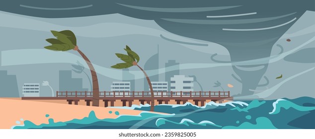 Powerful Hurricane At Sea Near A Coastal City Wreaked Havoc With Ferocious Winds And Torrential Rain, Vector