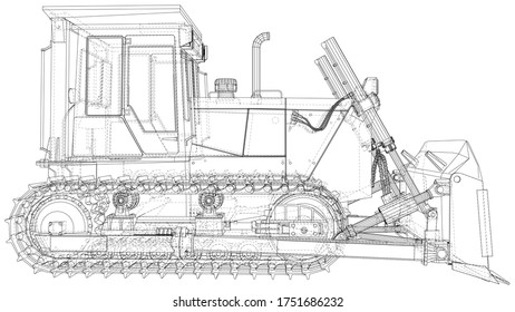 Powerful hydraulic bulldozer. Wire-frame. Vehicle Vector Illustration transport. The layers of visible and invisible lines are separated. EPS10 format.