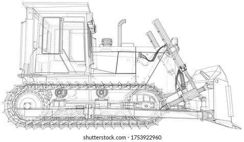 Powerful hydraulic bulldozer. Wire-frame. Vehicle Vector Illustration transport. The layers of visible and invisible lines are separated. EPS10 format.