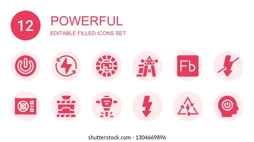 powerful icon set. Collection of 12 filled powerful icons included Power, Bolt, Electric, Flash, Hydraulic breaker