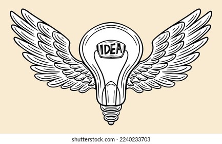powerful idea, bulb with wings, flying innovation, creative hand drawn  vector 