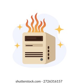 Una poderosa ilustración de una torre de computadora incendiándose Vector de diseño plano que muestra un error importante del sistema o un concepto de ui de estado vacío para mensajes de error