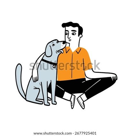 A powerful illustration of the deep friendship between a man and his dog. The man is sitting on the floor, and his large, loyal dog rests its head on his shoulder, showing complete trust and comfort. 