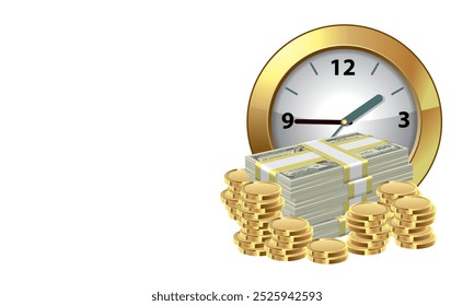 A powerful illustration of a golden clock and stacks of money, symbolizing the value of time and the importance of efficient money management. Perfect for business presentations