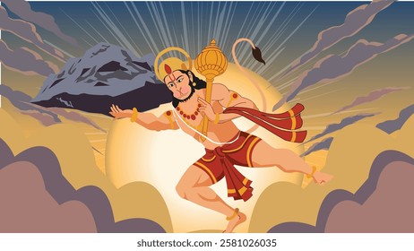 A powerful illustration of Lord Hanuman soaring through the sky, carrying the Sanjeevani mountain to save Lakshmana. 