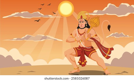 powerful illustration of Lord Hanuman in a warrior stance, holding his Gada, symbolizing strength, courage, and devotion. The glowing sun and radiant sky reflect his divine energy and unwavering faith