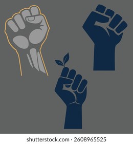 A powerful illustration of three raised fists on a dark gray background with symbol of strength and unity