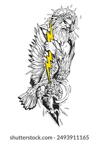 Powerful illustration of Zeus, the Greek god of thunder, holding a yellow lightning bolt with a fierce expression. An eagle in mid-flight adds dynamic movement to the bold, black and white artwork