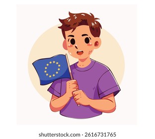 A powerful image of a boy holding the European flag with pride and patriotism. Learn more about the significance of youth involvement in European identity and culture with this captivating image