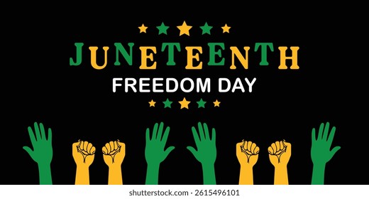 A powerful image of raised hands celebrating Juneteenth Freedom Day and honoring Black freedom and equality