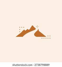 A powerful and inspiring mountain silhouette featuring a winding path leading toward the peak. Rendered in a warm, monochromatic brown tone, this minimalist geometric icon symbolizes growth, achievement, and the journey toward success. Complemented by decorative dot patterns and a four-point star accent, it is a perfect choice for personal development branding, outdoor adventure logos, and motivational graphic design.