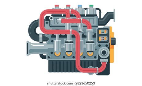 Powerful internal combustion car engine design showing intricate pipes and metallic components isolated against a simple plain white background.