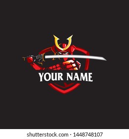 A powerful and intimidating vector mascot logo featuring a Japanese samurai warrior in traditional red armor. The samurai is depicted in a battle-ready stance holding a sharp katana across his face, set against a shield backdrop. This high-quality emblem is perfect for esports teams, gaming channels, martial arts dojos, sports clubs, and branding that requires a symbol of honor, discipline, and fierce combat strength.