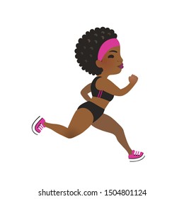 Powerful jogging Afro-American fit girl. Fitness woman runner. Vector isolated illustration