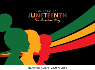 Powerful Juneteenth 2025 design with African American silhouettes and freedom colors, symbolizing liberation and unity. Happy Juneteenth banner, background, template