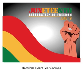 A powerful Juneteenth celebration design with a raised fist and African inspired flag colors symbolizing freedom, equality, and unity during an impactful commemoration of African American history. 