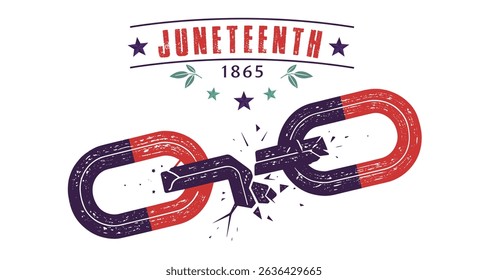 Powerful Juneteenth graphic showing a shattered chain link, symbolizing the end of slavery in 1865. Great for awareness campaigns, banners, and social media.