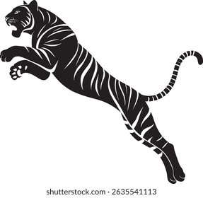 Powerful Leaping Tiger Illustration Bold Black and White Vector of a Striking Wild Cat in Mid-Air for Design Projects