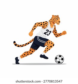 A powerful leopard, dressed in a white jersey with number 23 and dark shorts, is depicted in a dynamic pose, skillfully dribbling a soccer ball.