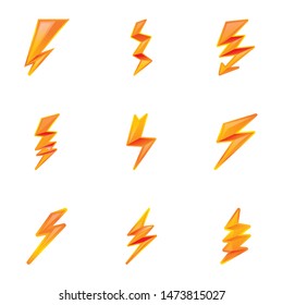 Powerful lightning bolt icon set. Cartoon set of 9 powerful lightning bolt vector icons for web design isolated on white background