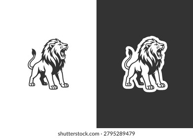 A powerful lion with a full mane roars with its mouth open, depicted in a striking silhouette