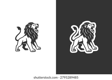 A powerful lion with a full mane roars, depicted in a striking silhouette style