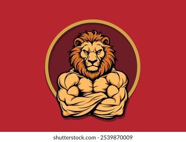 Powerful lion mascot character illustration portrait and human body symbol of power energy on royal red background