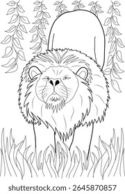 Powerful Lion Outline Standing Among Jungle Leaves and Grass. Simple Yet Striking Black and White Illustration for Coloring and Design.