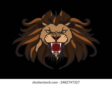 Powerful lion roaring showing its fangs on black background