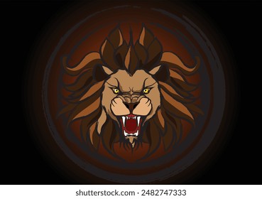 Powerful lion roaring showing its fangs on black background