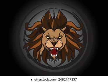 Powerful lion roaring showing its fangs on black background