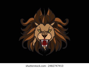 Powerful lion roaring showing its fangs on black background