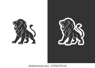 A powerful lion silhouette roars, presented in both black and white versions for versatile design use