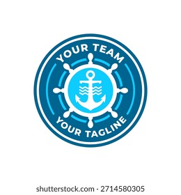 Un poderoso logotipo con el timón, el ancla y las olas del océano de un barco, que simboliza la dirección, la fuerza y el espíritu marítimo.