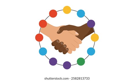 A powerful logo symbolizing unity and diversity, featuring two hands of different skin tones shaking, surrounded by colorful circles representing inclusivity, harmony, and cultural diversity