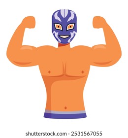 Poderoso luchador está contraindo seu bíceps e sorrindo sob sua máscara