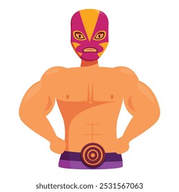 Poderoso luchador usando uma máscara colorida de pé com as mãos em seus quadris