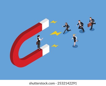 A powerful magnet, personified as a leader, stands on a platform, attracting a group of individuals running towards it 3d isometric vector illustration