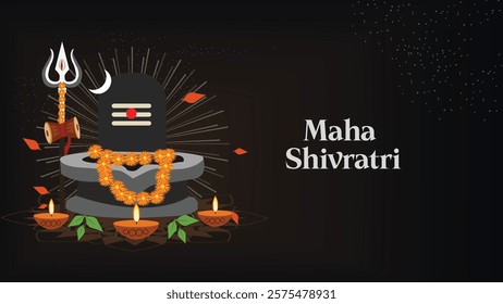 A powerful Maha Shivratri greeting featuring a Shivling, trident, diya lamps, and a floral garland with "Maha Shivratri" text, celebrating Lord Shiva