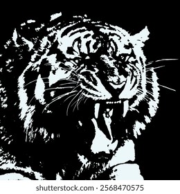 Powerful and majestic nature of a tiger with its sharp teeth and intense gaze,  high-contrast black and white illustration