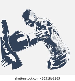 Poderoso boxeador masculino batendo saco de perfuração em ação de treinamento intenso, ilustração de esportes de combate de vetor desenhado à mão isolado no fundo branco

