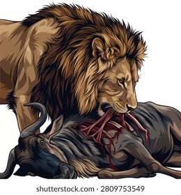A powerful male lion with a thick mane devours its wildebeest prey in a dramatic wildlife illustration depicting the circle of life