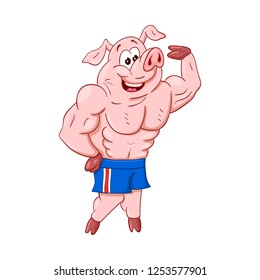 Powerful male pig bodybuilder shows his impressive muscles.  Funny cartoon character

