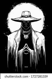 A powerful male sorcerer in a white suit and hat stands with his hands clasped at his chest, his eyes shining in the dark, the bright white sun behind him . 2D illustration
